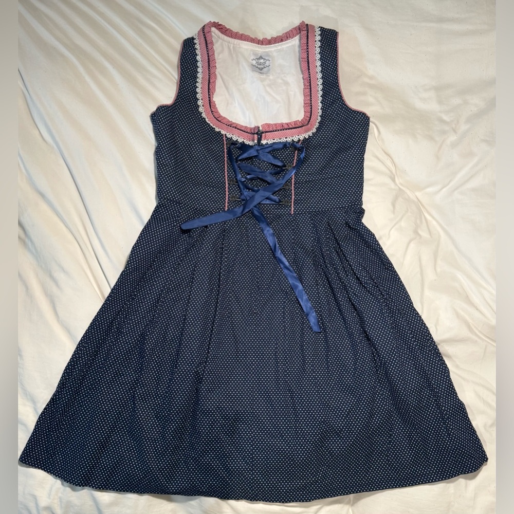 Hiziti Oktoberfest Bavarian Dridl Blue Polka-dot Dress Women's L NWOT